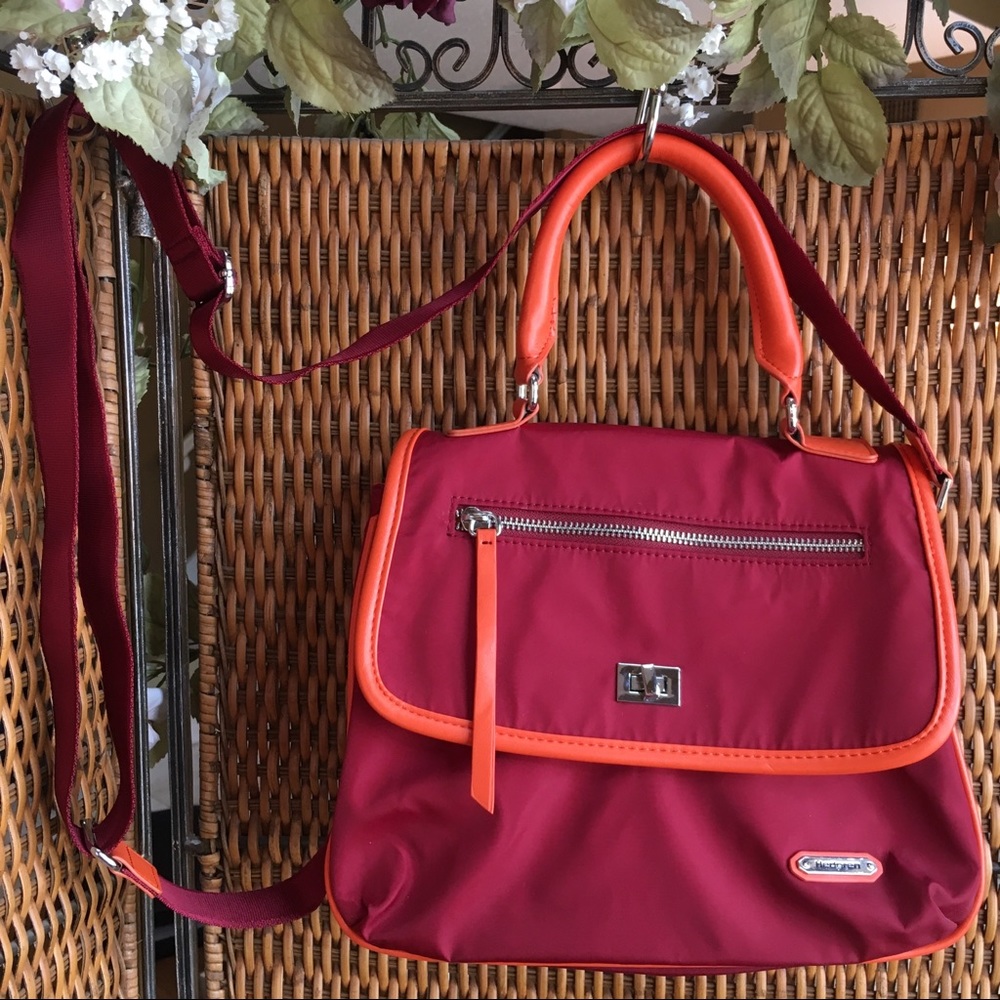 Hedgren top handle bag, cranberry/orange w/ strap